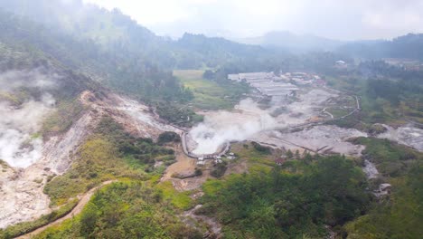 Stunning-aerial-of-Sikidang-crater,-sulfur-smoke-rising