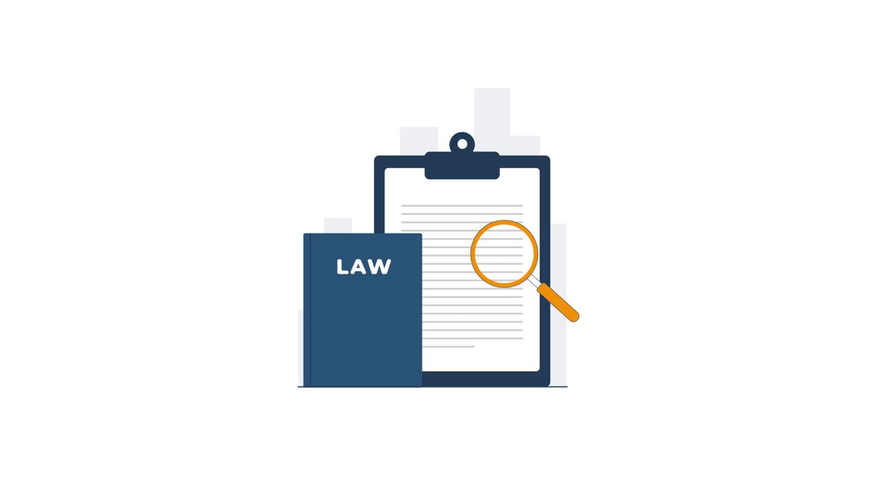 Animated Magnifying Glass Reviewing Legal Document and Law Book