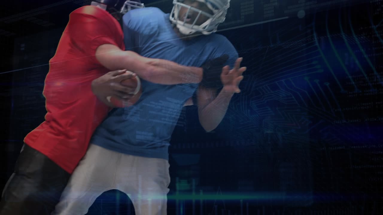 Animazione di schermo digitale con dati su diversi giocatori uomini di football americano.
