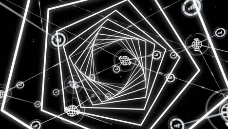 digital animation of network of digital icons against glowing hexagonal tunnel on black background