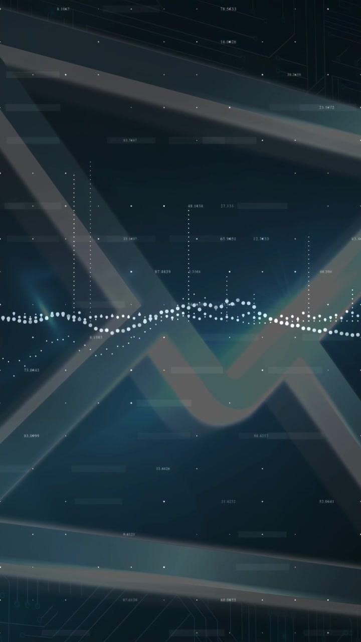 Horizontal dotted waveform reacting to data input, pulsing and forming spikes with tech X bands