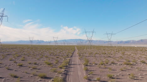 desert road leading to distant power transmission towers