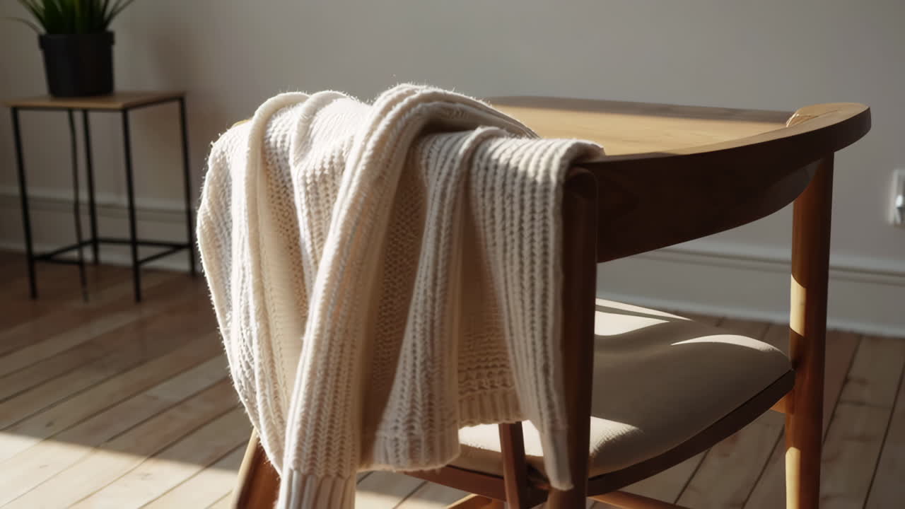 Maglione a Maglia Color Crema Appoggiato su una Sedia di Legno