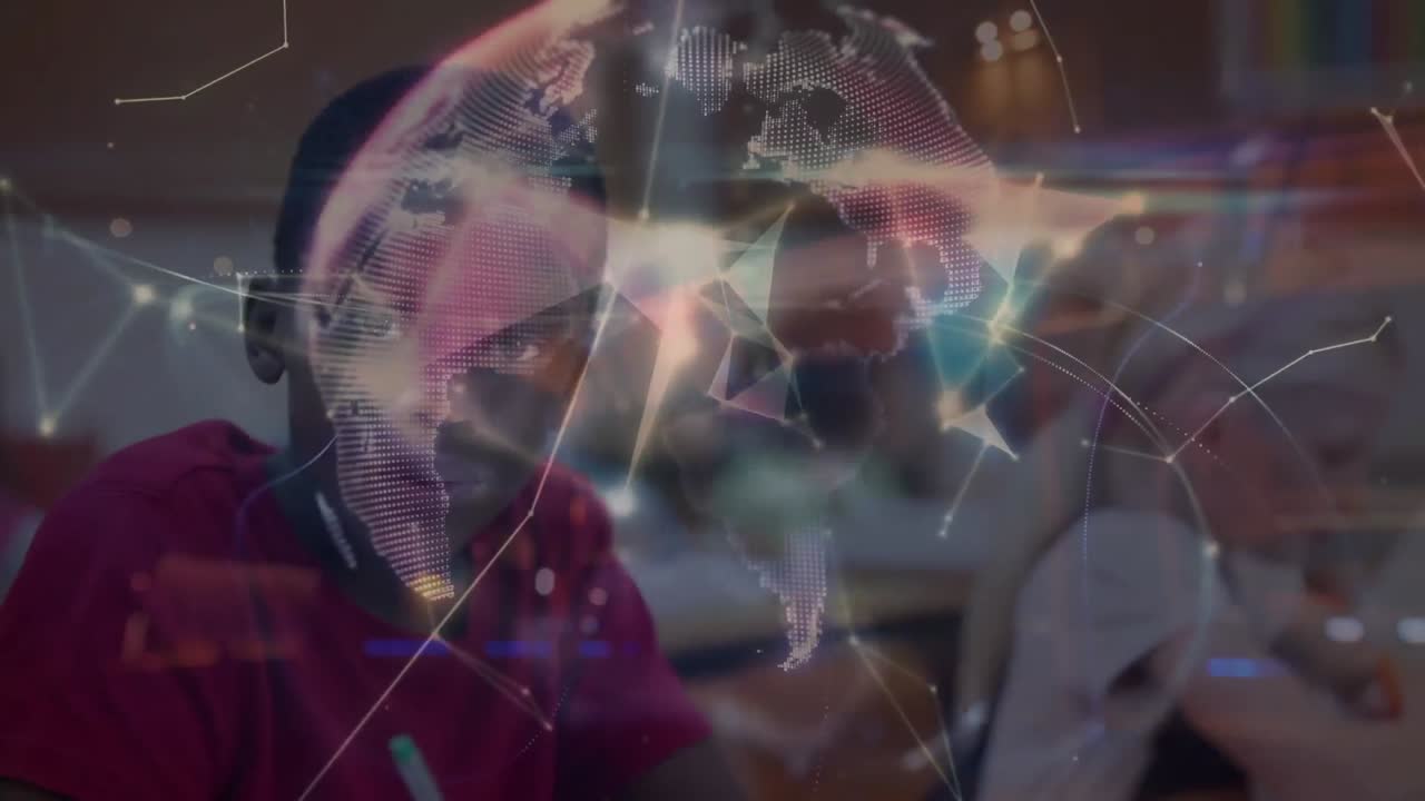 Animation of network of connections over smiling african american schoolboy and globe