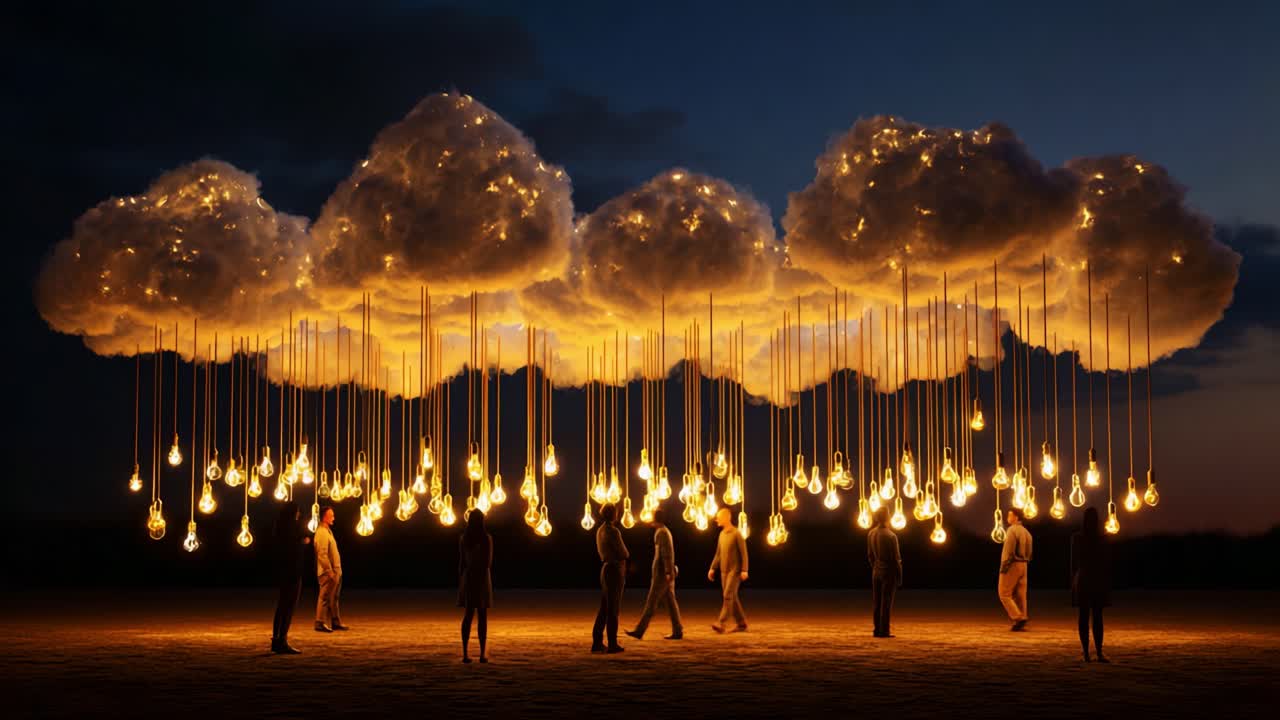 A Mystical Gathering Under Illuminated Clouds: People Surrounded by Floating Light Bulbs Create a Dreamlike Atmosphere, Blending Nature with Enchanting Light Artistry