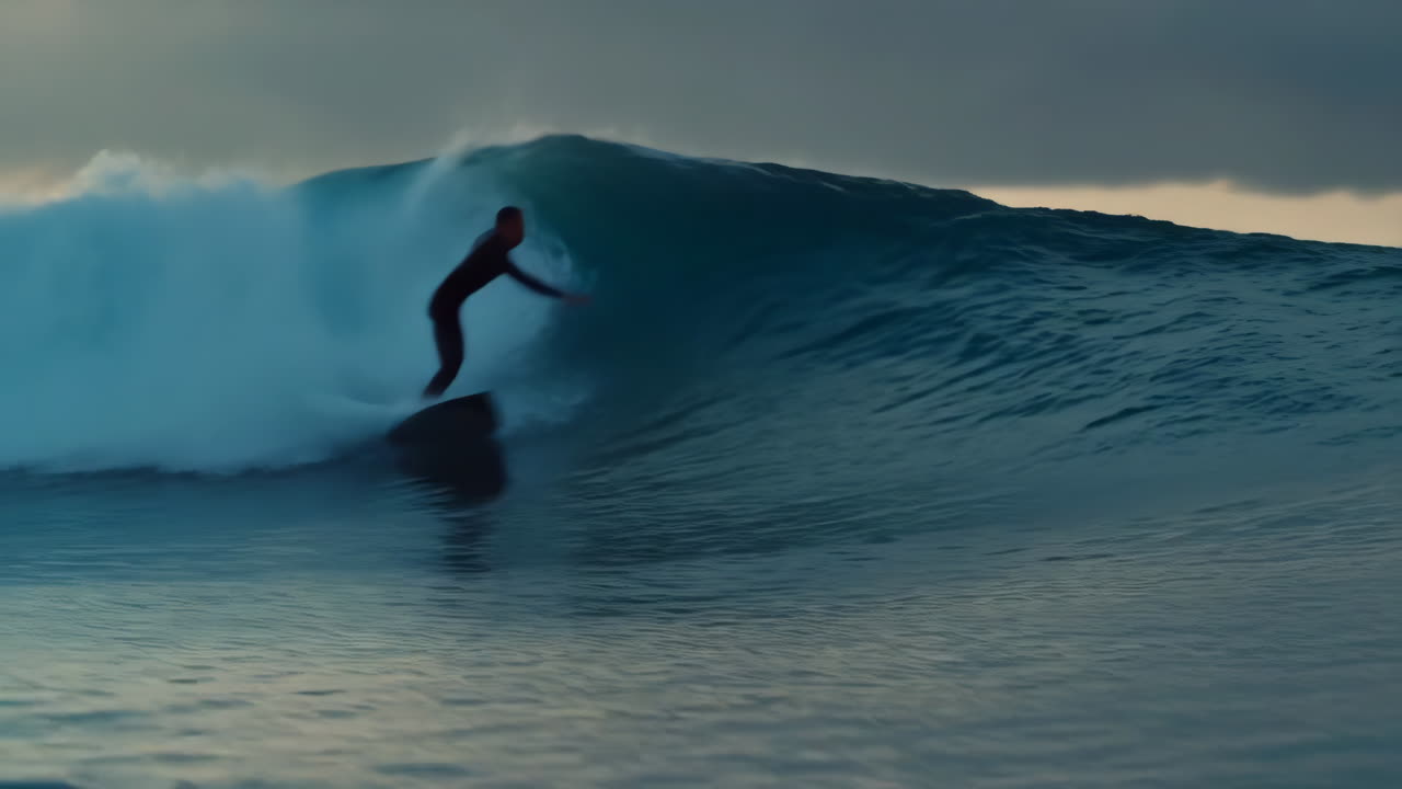 A sequence of a surfer riding and performing tricks on large ocean waves