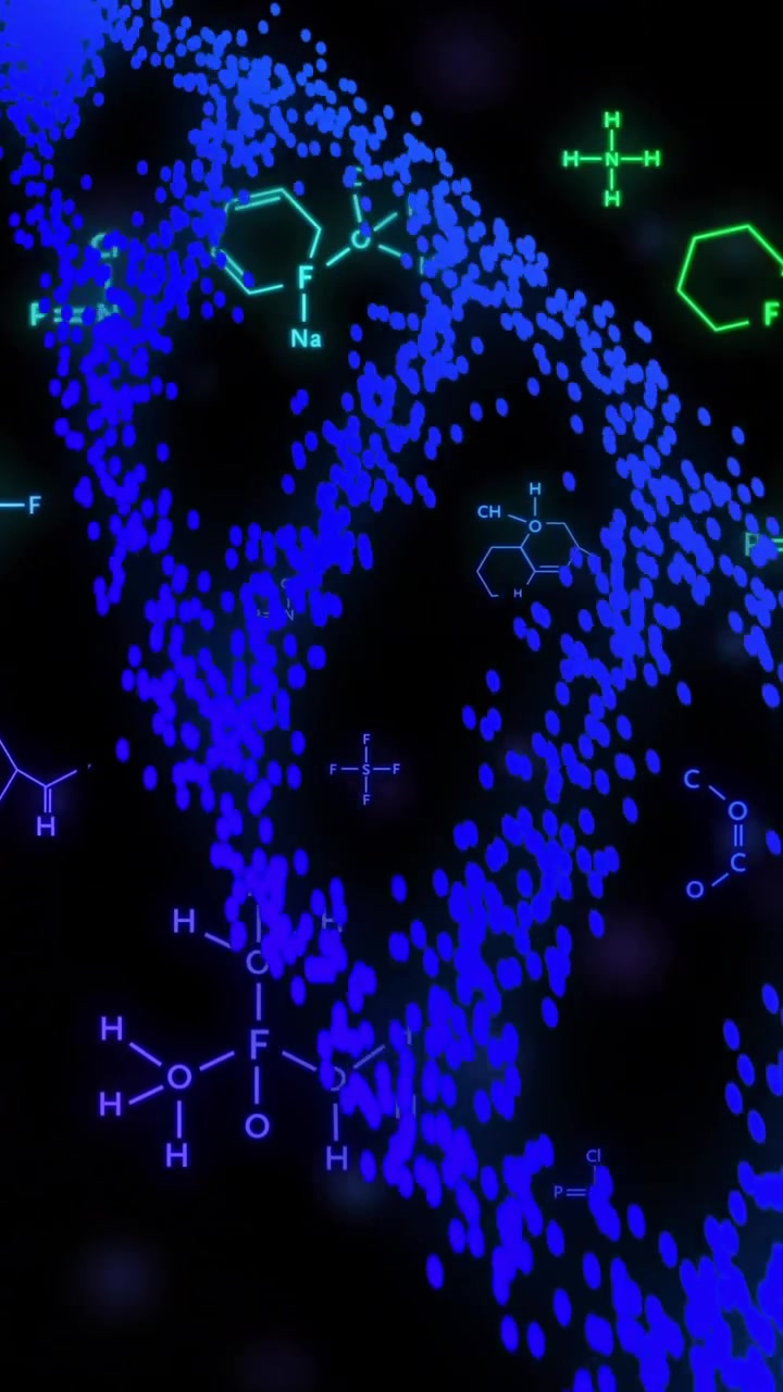 Strutture chimiche e formule molecolari su animazione di filamento di DNA