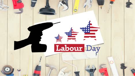 animation of labor day text with stars and tools with american flag