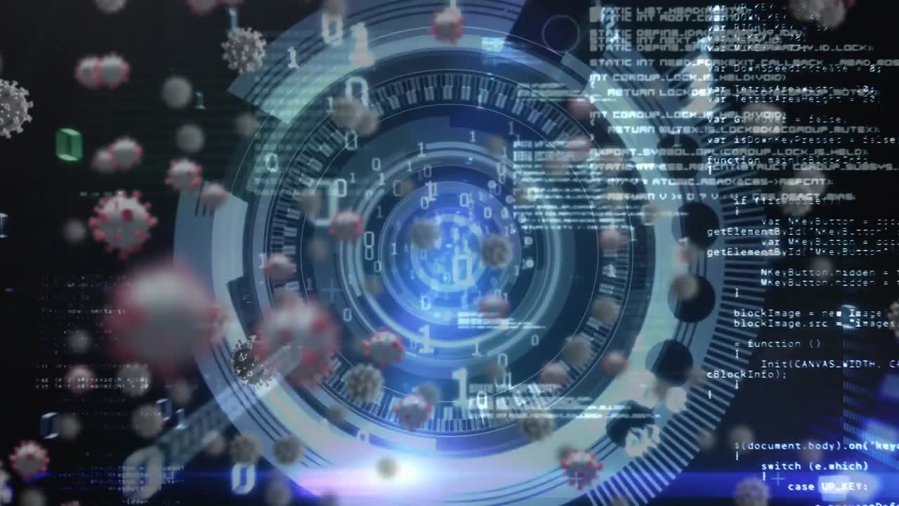 코로나19 세포의 디지털 복합 비디오가 백그라운드에서 데이터 처리에 대항하여 움직입니다.