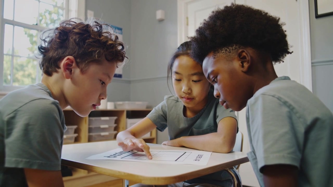 Pointing center girl guiding kids in grey shirts leaning in at classroom desk, working on worksheet