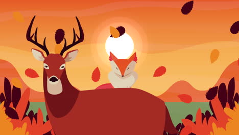 autumn scene with fox and deer