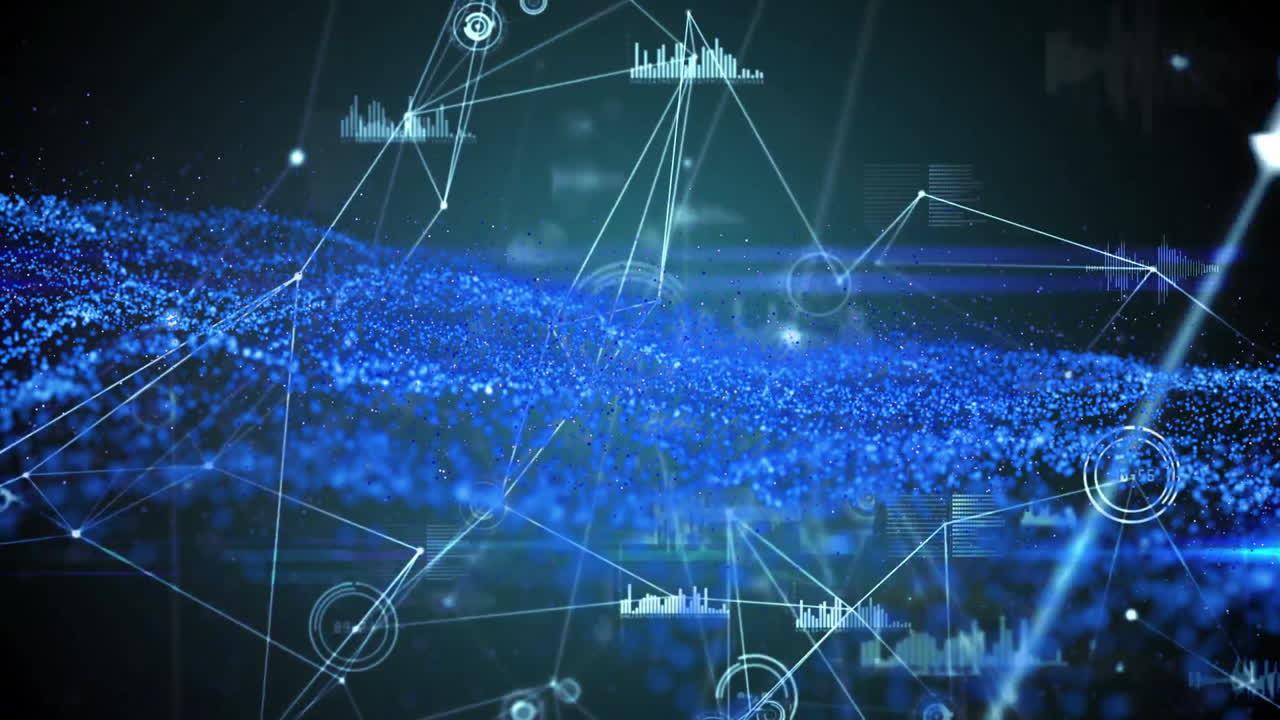 Network of connections and data processing animation over digital landscape