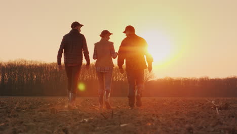 a team of young successful farmers walks across the field at sunset