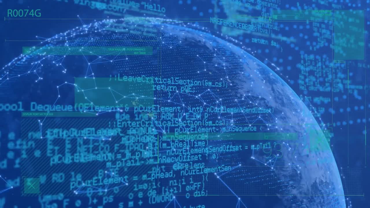 지구와 파란색 배경에 대한 데이터 처리의 애니메이션