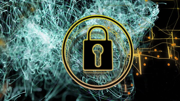 Lock icon animation over abstract digital lines and connections background