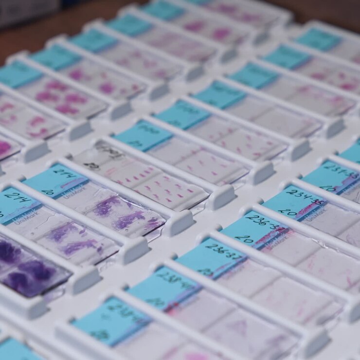 Laboratory of test blood. Rack of test samples in medical laboratory