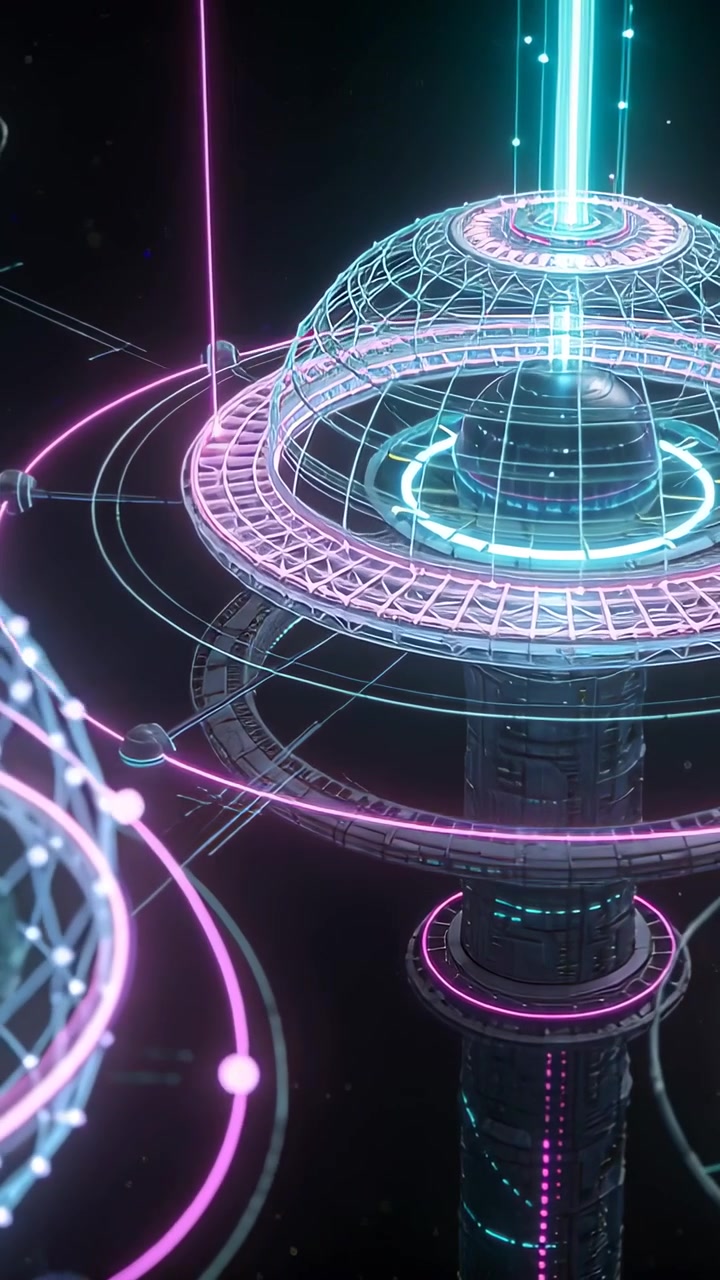 Vertical video: Camera shifting, dome tower powering up in dark void, pulsing rings and cyan beam