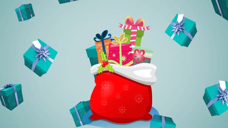 animation of presents and presents bag falling on green background