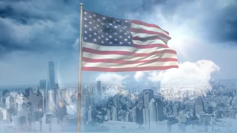 Digital-animation-of-American-flag-swaying-in-the-wind-against-the-city--4k