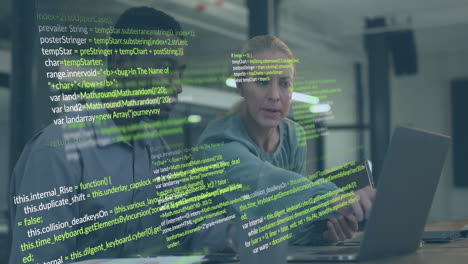 Animation of data processing over diverse colleagues using laptop and tablet in office