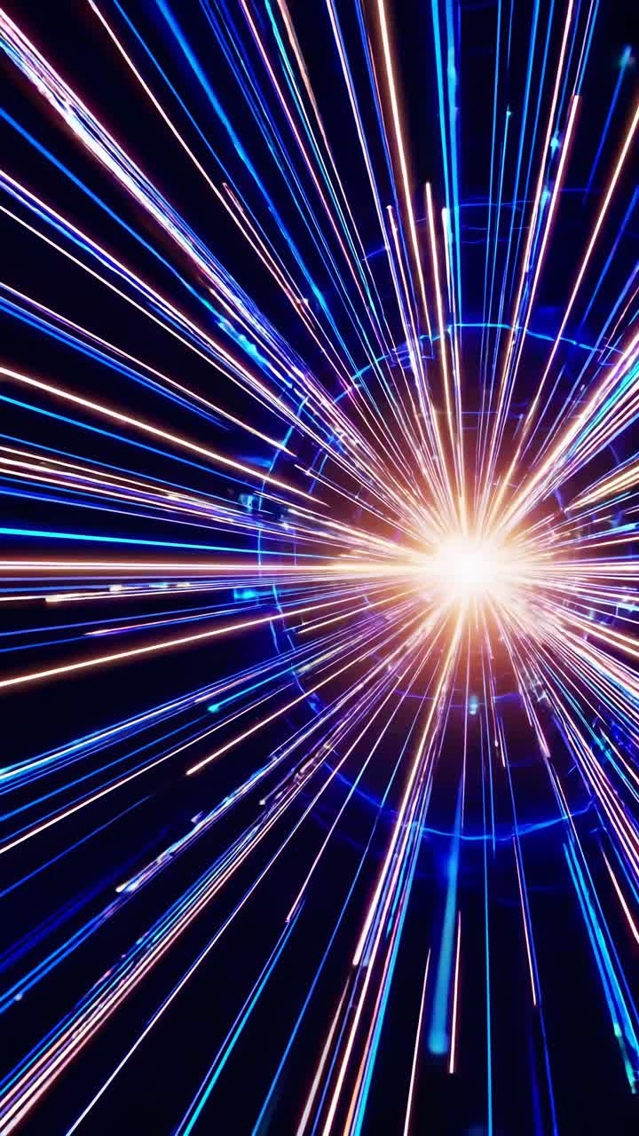 Dynamic burst of blue light streaks from a central point, captured from a frontal angle