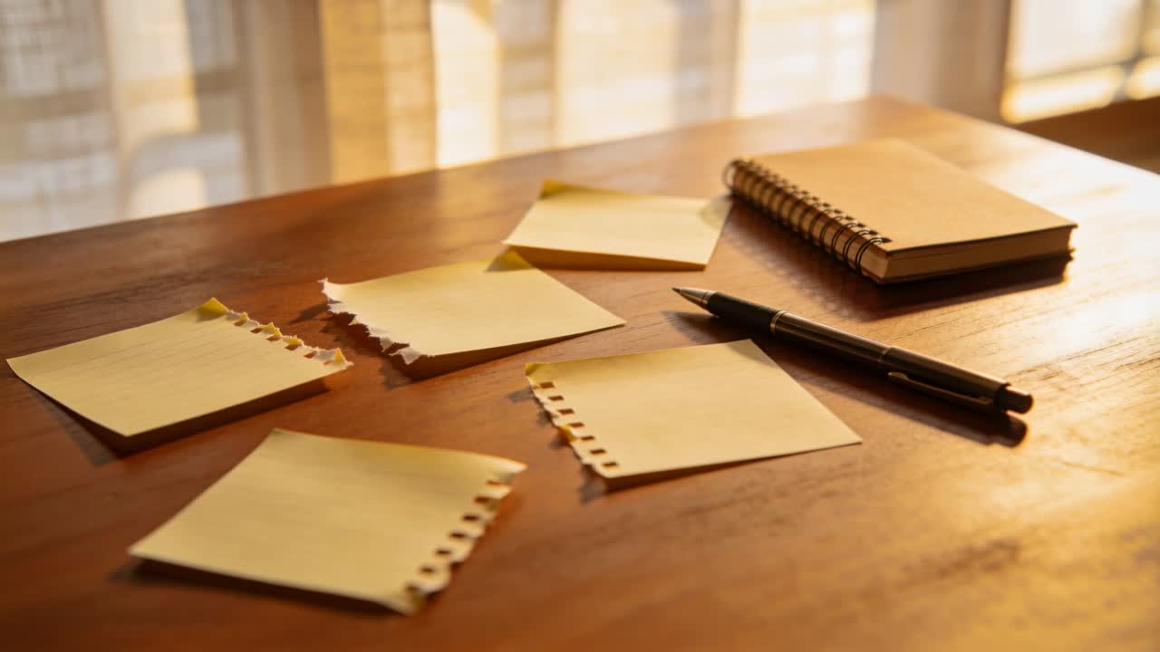 Shifting sunlight and camera panning creating shadows on wooden desk with torn notes and black pen