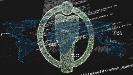 animación del icono del perfil sobre el mapa del mundo y procesamiento de datos contra un fondo negro