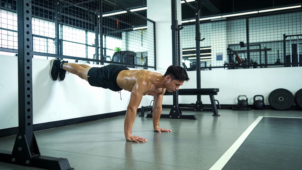 Lowering shirtless man doing decline pushups at gym from extension on low white wall building power