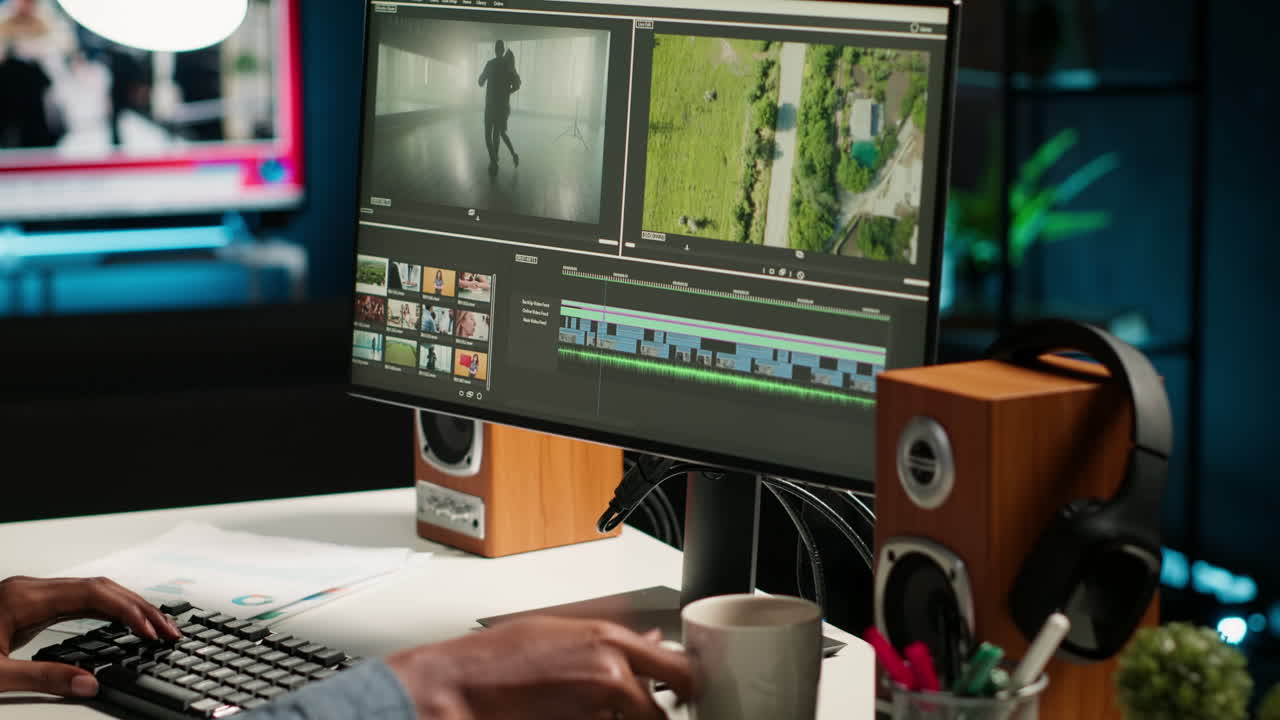 Male video editor working on creative software to create montage