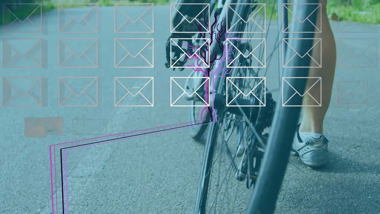 Animazione di una rete di connessioni su un uomo che cade in un magazzino.