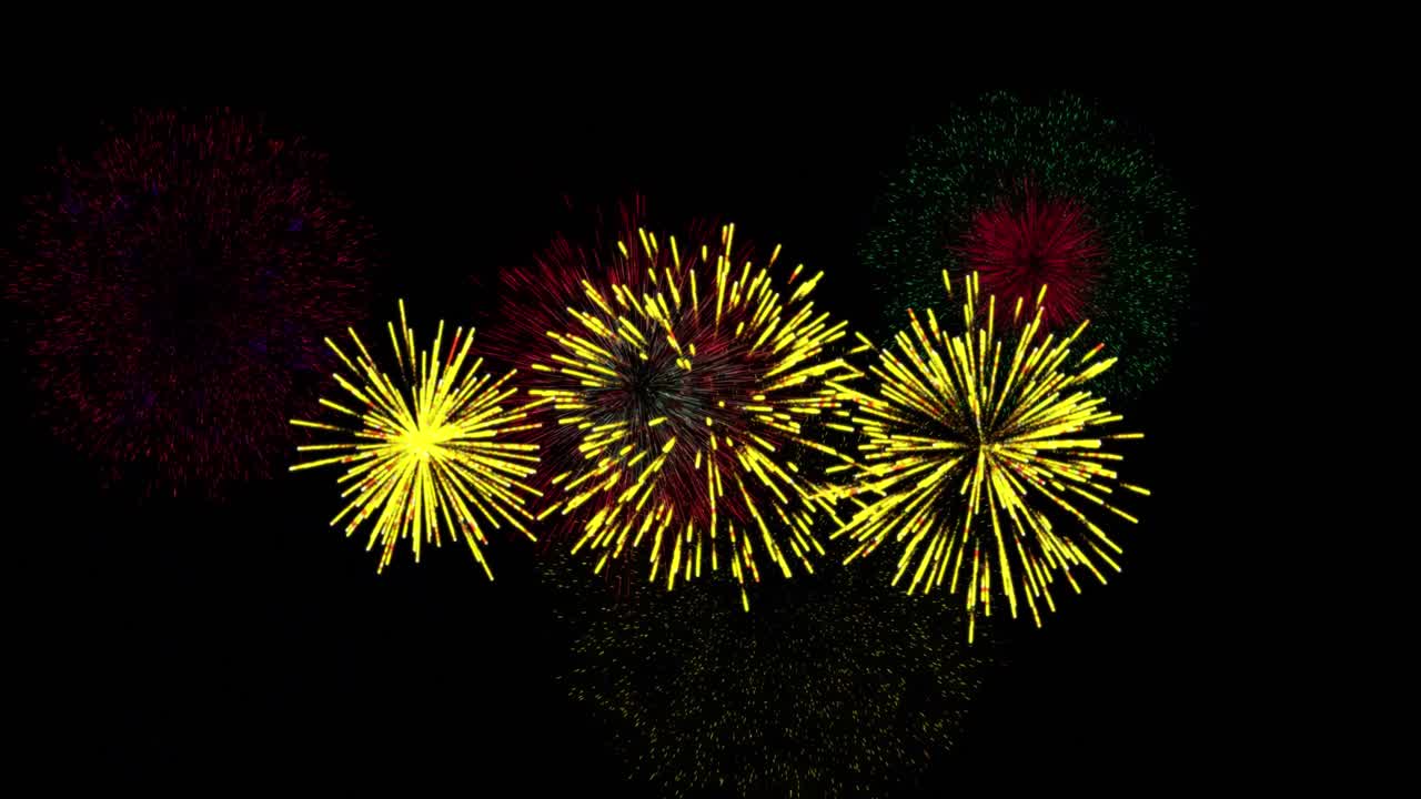 Animation of colourful christmas and new year fireworks exploding in night sky