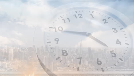 animation of cityscape over clock moving