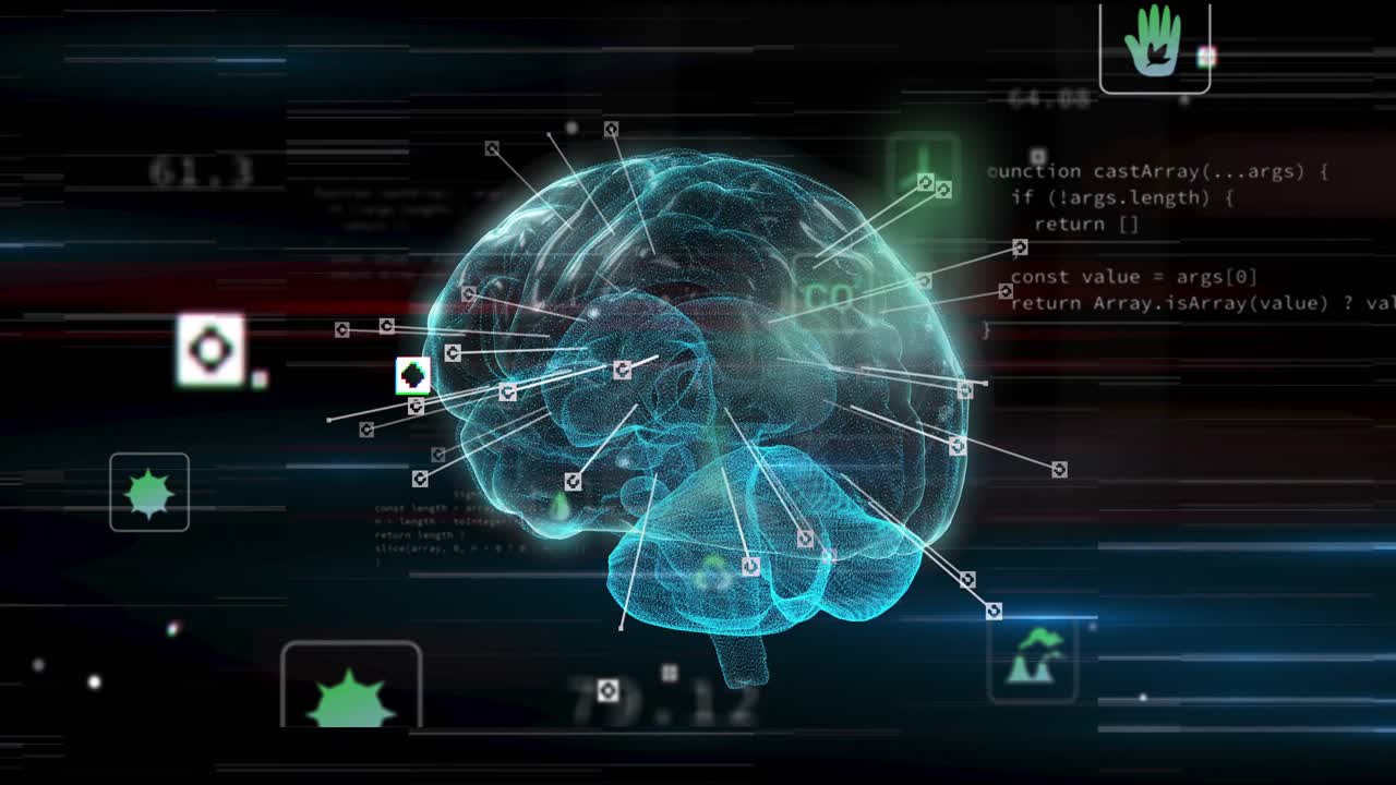 Upon playback cyan brain rotating, extending pins and updating readouts, highlighting regions