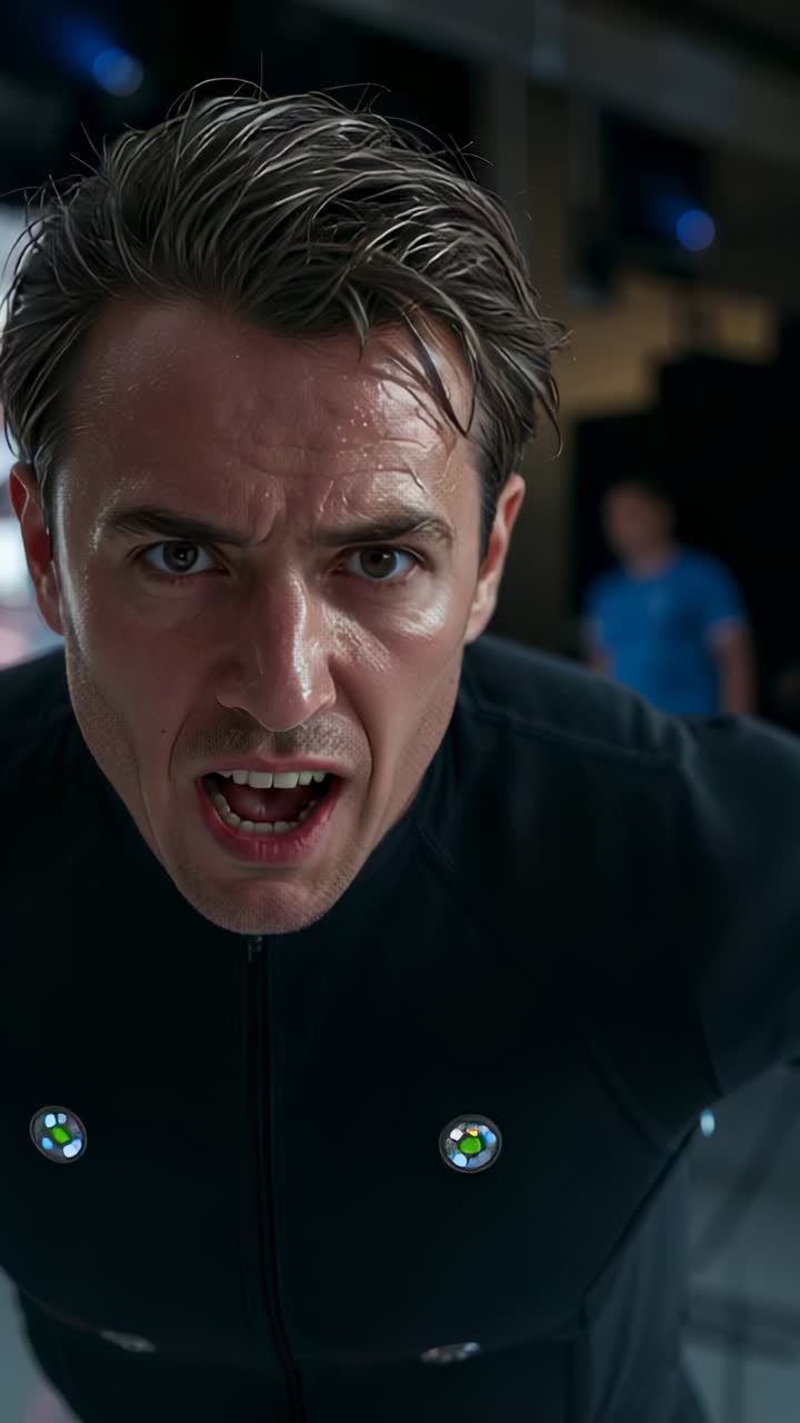 Vertical video: Voicing man in mocap suit as camera pulls back at studio, with chest markers