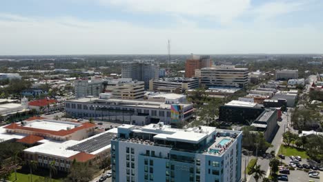aerial of downtown bradenton, florida in manatee county showcasing urban buildings and streets. orbit right zoom day s
