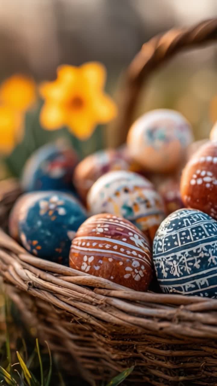 A Colorful Basket of Hand-Painted Easter Eggs Surrounded by Vibrant Daffodils in a Sunny Spring Setting, Capturing the Essence of Seasonal Celebration and Joy