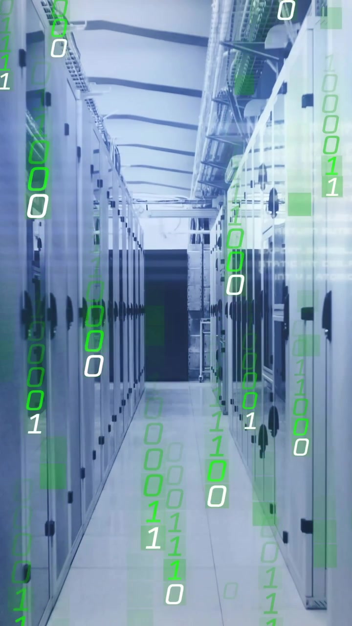 Animation of binary coding digital data processing over computer servers