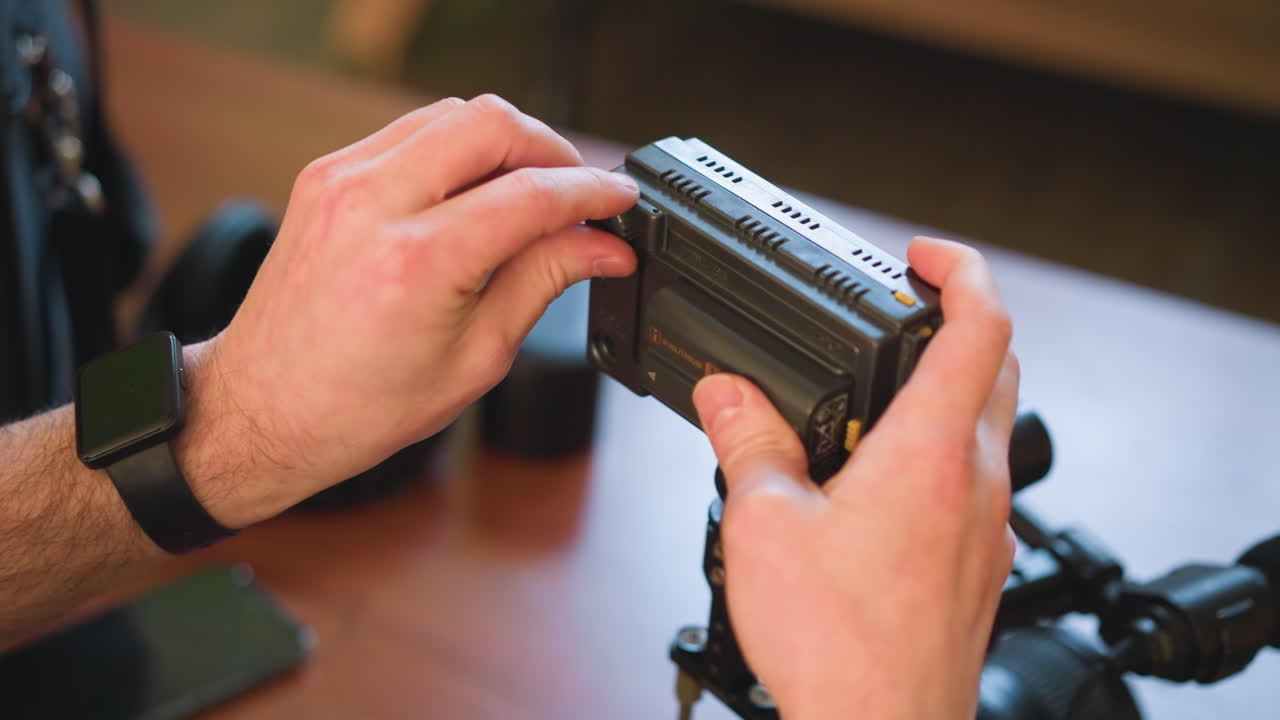 close-up of hands adjusting camera rig on tripod, preparing video equipment for professional filming setup. mounting camera gear for production, adjusting camera and microphone for recording