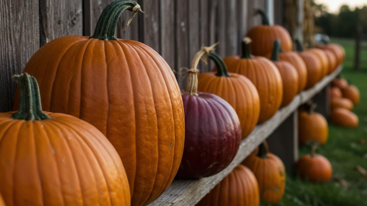 A Colorful Array of Pumpkins Displayed Along a Rustic Wooden Fence, Celebrating the Autumn Season with Their Vibrant Orange and Deep Red Hues