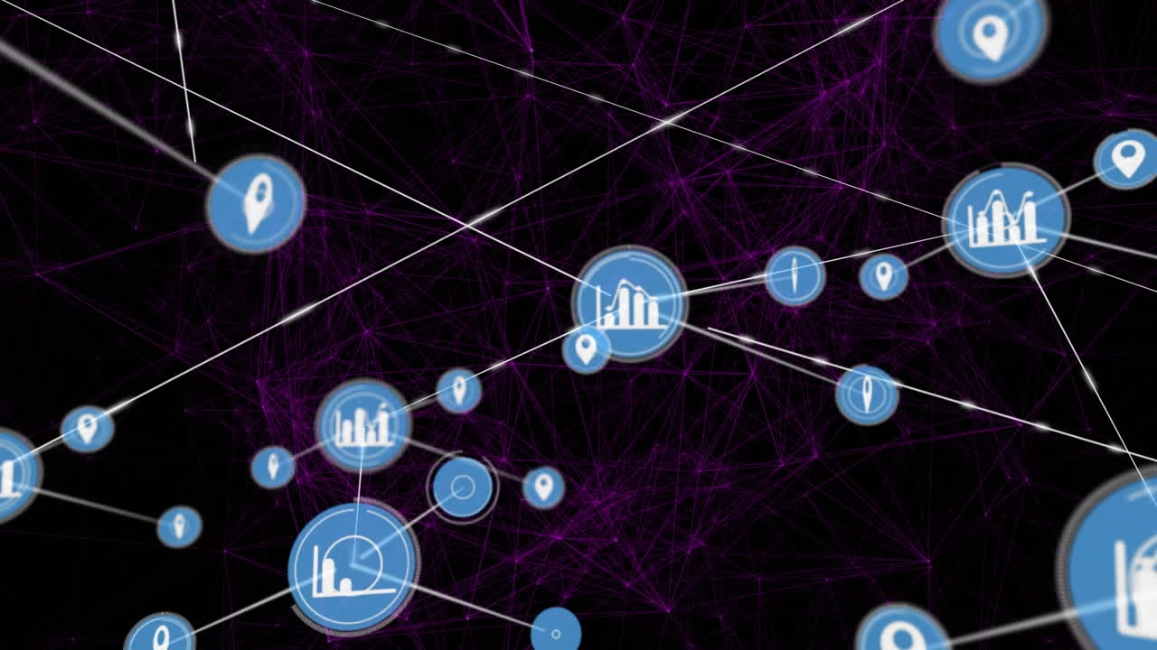 Animation of graphs and gps icons connecting with lines over purple connected dots
