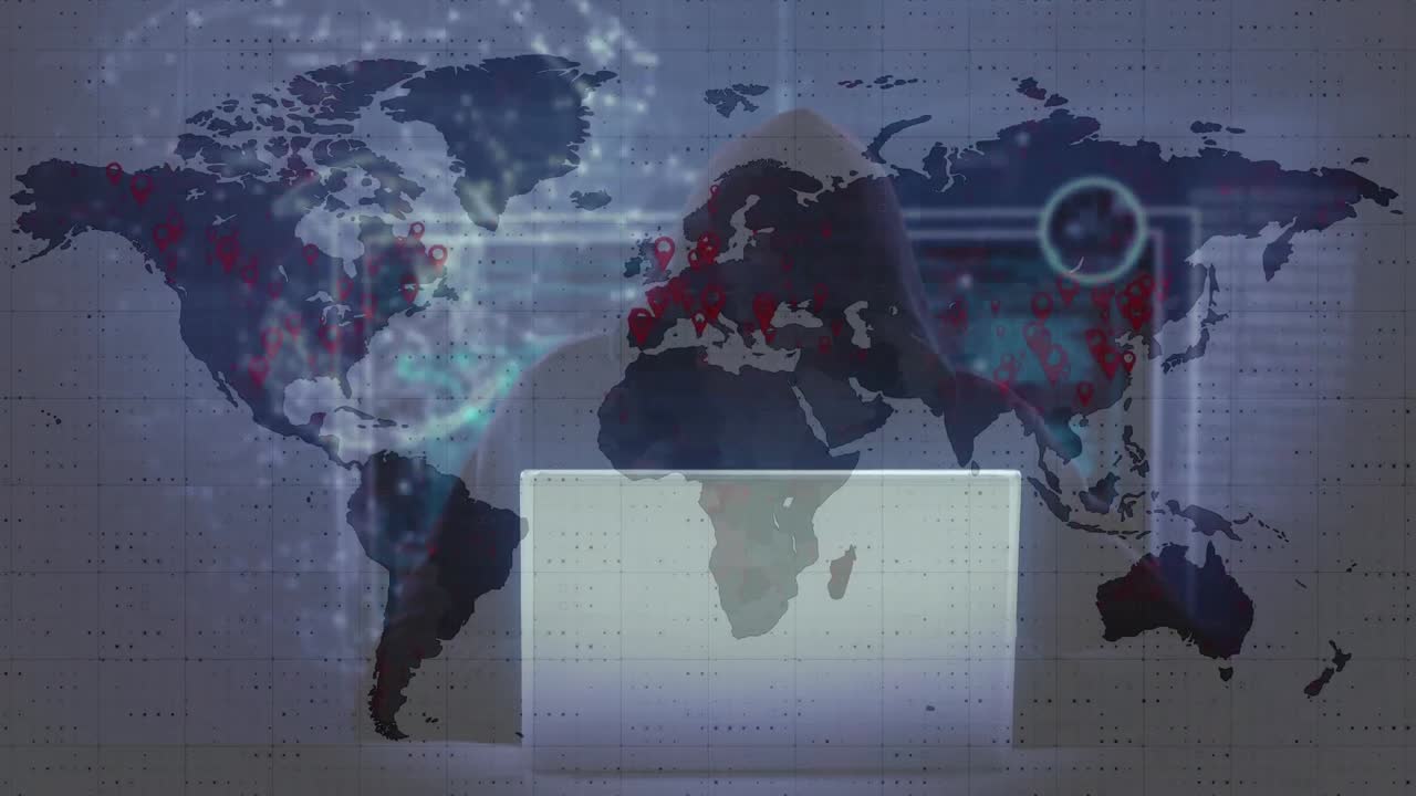 animación del procesamiento de datos sobre un hacker con una computadora portátil