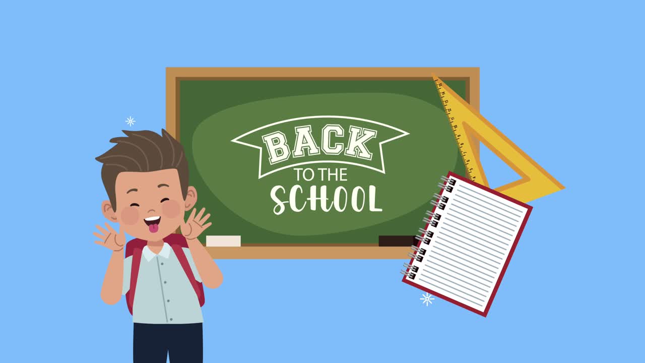 back to school lettering and chalkboard with schoolboy