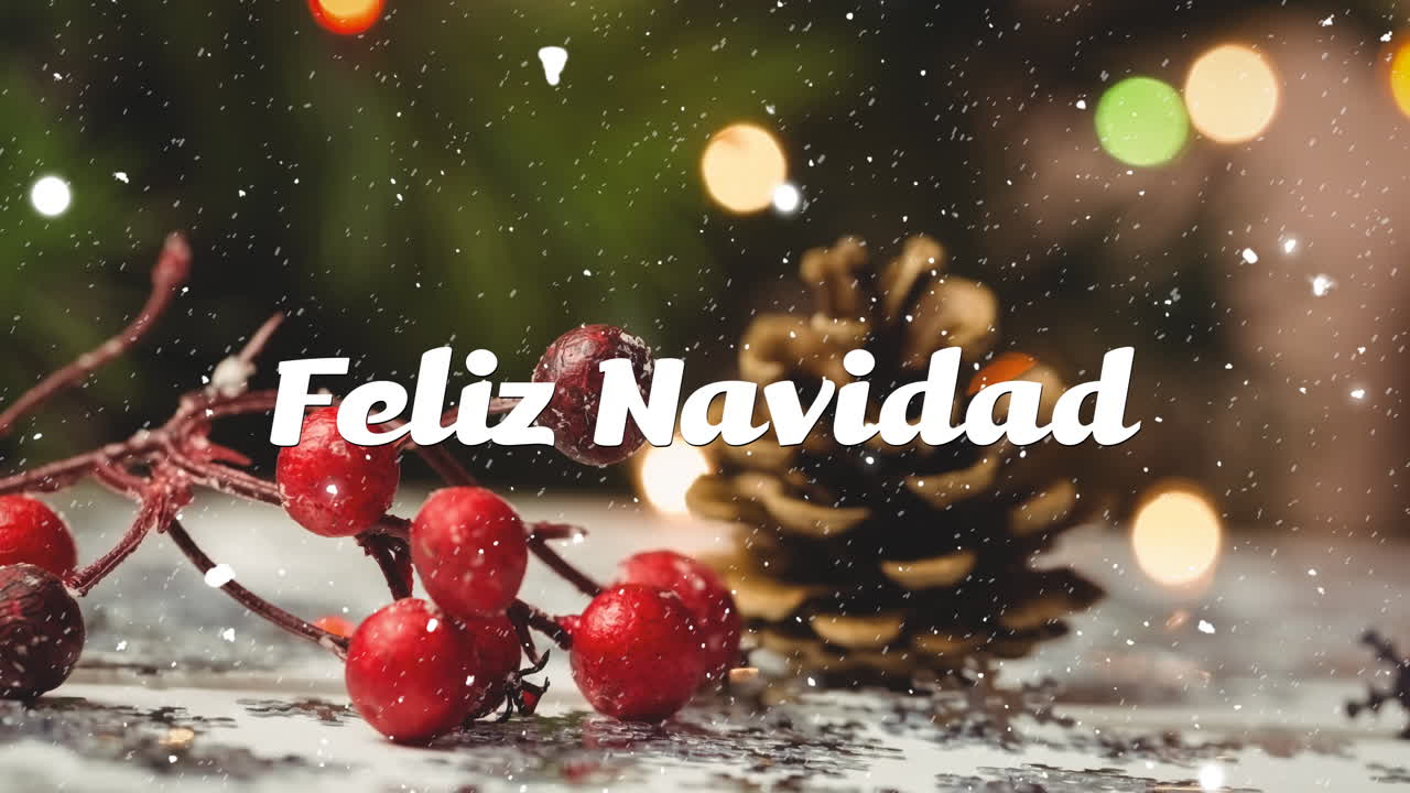 animación de feliz navidad texto sobre la nieve que cae con decoraciones de navidad