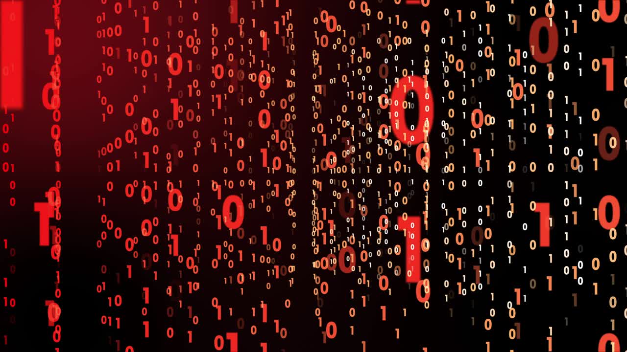 gráfico de movimiento 4k de la tecnología digital con dígitos binarios camino de luz en línea datos de información fondo abstracto, tecnología de datos futura del concepto de programación cibernética en tema de neón rojo