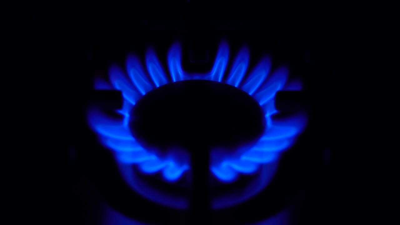 가스 버너는 어 속에서 켜집니다. 스토브는 가전 가스에서 작동합니다. 불꽃은 파란색입니다.