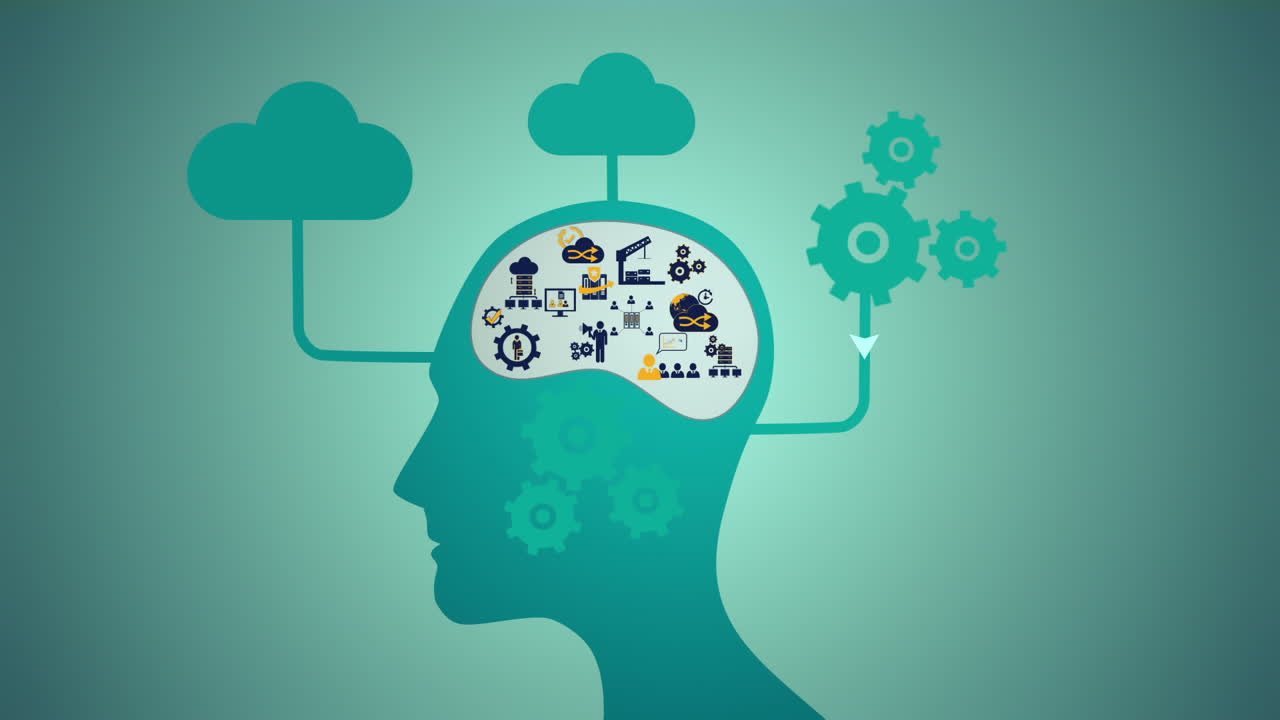 pensamientos que aparecen con engranajes y nubes