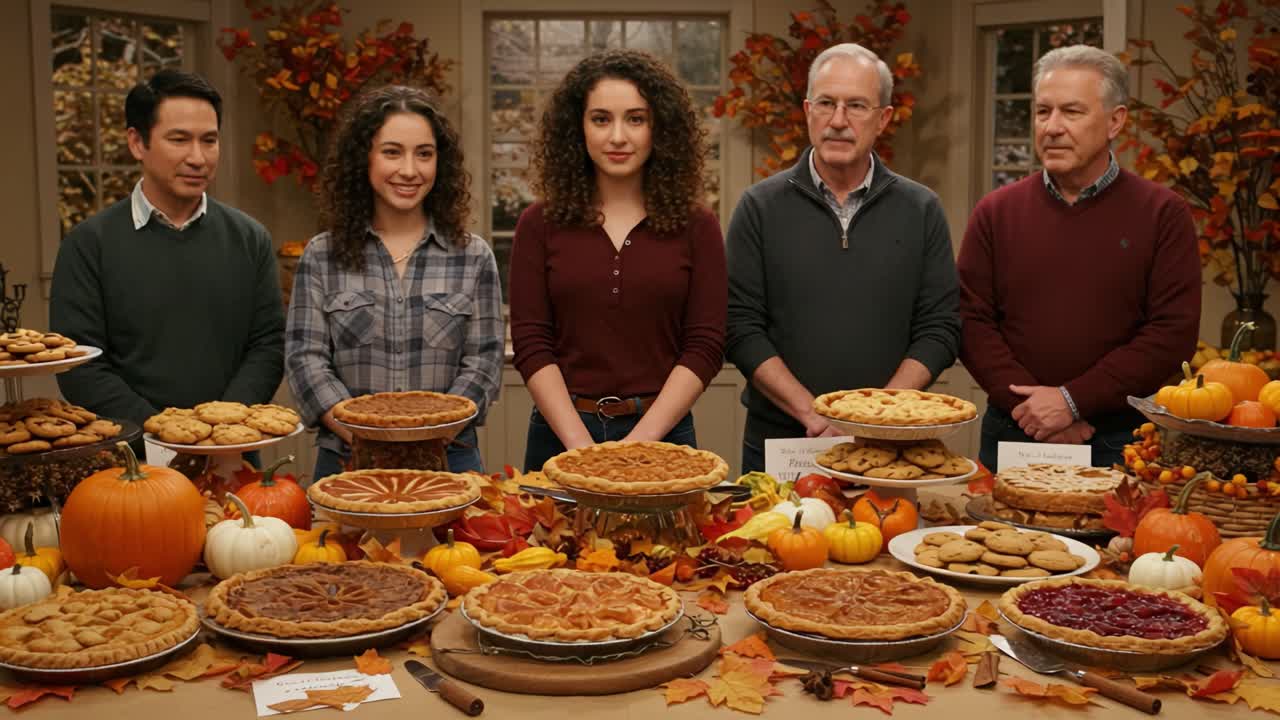 A group of five people celebrating Thanksgiving with a table full of pies, cookies, pumpkins, and fall decor
