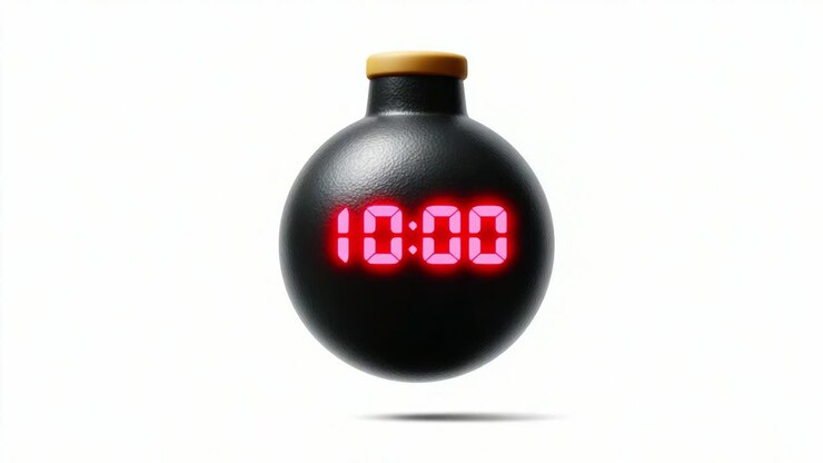 Timer Hitung Mundur Menampilkan Jam Digital Merah dari Sepuluh Menit ke Lima Belas Menit, Menyoroti Ketegangan dan Antisipasi dalam Gerakan yang Stabil dan Penuh Ketegangan