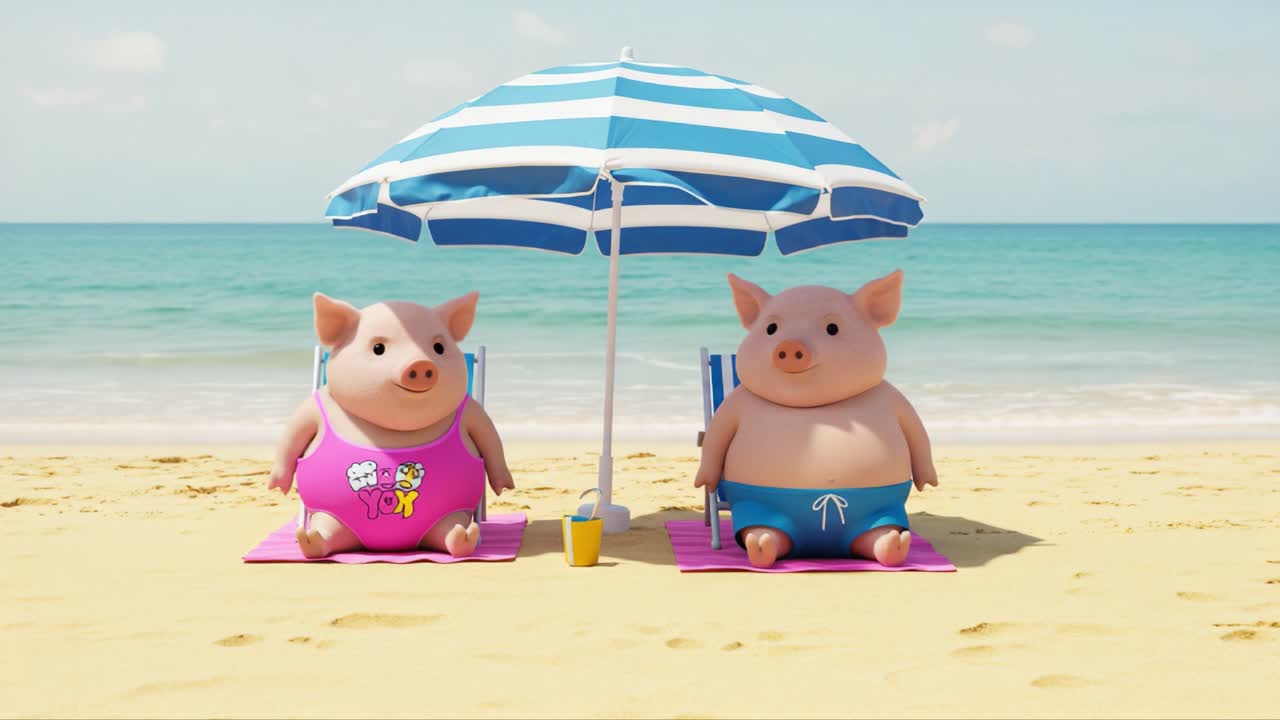 Two Charming Cartoon Pigs Relaxing Under a Striped Umbrella on a Sunny Beach, Enjoying Their Vacation by the Calm Ocean Waves and Soft Sand