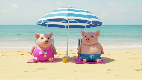 two charming cartoon pigs relaxing under a striped umbrella on a sunny beach, enjoying their vacation by the calm ocean waves and soft sand